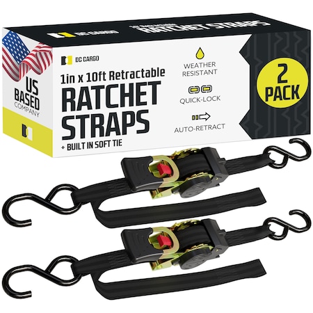 Dc Cargo 1in X 10 Retractable Ratchet Straps w/ Integrated Soft Loops, 2PK 110RRSSHST-2